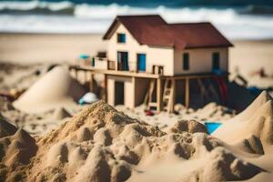 uma miniatura casa em a de praia com areia. gerado por IA foto