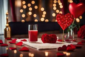 dia dos namorados dia mesa configuração com vermelho corações e uma vidro do suco. gerado por IA foto