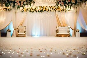 uma Casamento etapa com branco e ouro decorações. gerado por IA foto