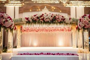 uma Casamento cerimônia com uma floral arco e Rosa flores gerado por IA foto