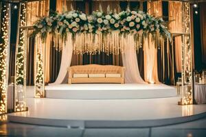 uma Casamento etapa com uma branco sofá e flores gerado por IA foto