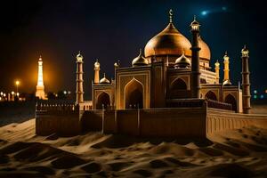uma areia castelo com uma mesquita dentro a fundo. gerado por IA foto