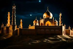 a noite céu sobre uma mesquita dentro a deserto. gerado por IA foto