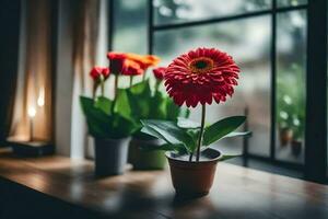 vermelho gerbera flores em uma peitoril da janela. gerado por IA foto