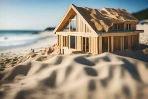 uma modelo casa em a de praia com areia. gerado por IA foto