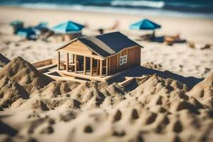 uma miniatura casa em a de praia com areia. gerado por IA foto