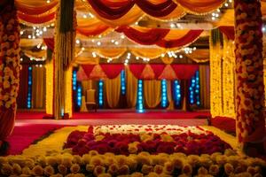 uma Casamento etapa decorado com vermelho e amarelo flores gerado por IA foto