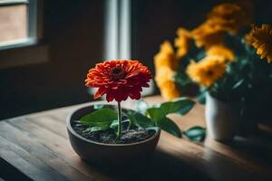 uma flor dentro uma Panela em uma mesa. gerado por IA foto