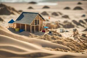 uma miniatura de madeira casa em a de praia com areia. gerado por IA foto