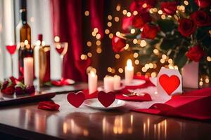 dia dos namorados dia mesa configuração com vermelho corações e velas. gerado por IA foto