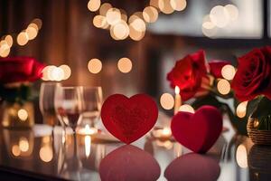 dois vermelho corações em uma mesa com velas e vinho óculos. gerado por IA foto
