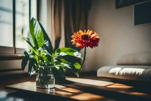 uma flor senta em uma mesa dentro frente do uma janela. gerado por IA foto