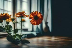 flores dentro uma vaso em uma mesa perto uma janela. gerado por IA foto