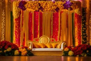 uma etapa decorado com amarelo e laranja flores gerado por IA foto