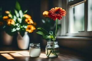 uma flor e uma vidro do leite. gerado por IA foto