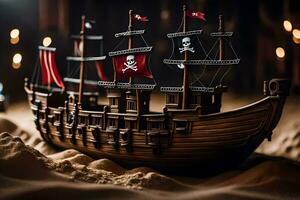uma pirata navio é sentado dentro a areia. gerado por IA foto