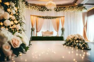 uma Casamento cerimônia com uma floral pano de fundo e uma branco e ouro tema. gerado por IA foto