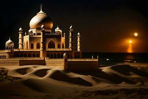 a lua é brilhando sobre uma deserto com uma mesquita dentro a fundo. gerado por IA foto