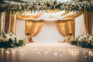 Casamento cerimônia com ouro e branco flores gerado por IA foto