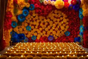 uma colorida flor parede com velas e flores gerado por IA foto