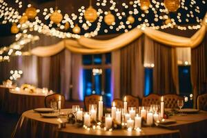 uma Casamento recepção com velas e luzes. gerado por IA foto