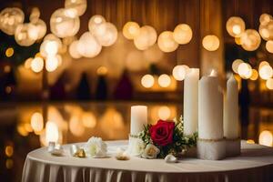 velas e rosas em uma mesa com bokeh luzes. gerado por IA foto
