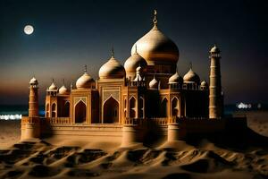 uma areia castelo dentro a deserto às noite. gerado por IA foto