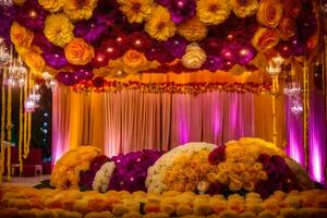 uma Casamento etapa decorado com flores e luzes. gerado por IA foto