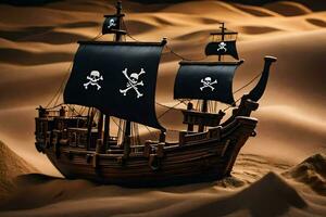 uma pirata navio dentro a deserto com uma crânio e ossos cruzados em isto. gerado por IA foto