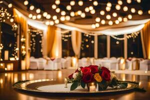 uma Casamento recepção mesa com flores e velas. gerado por IA foto