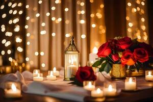 uma mesa com velas e flores dentro frente do uma cortina. gerado por IA foto