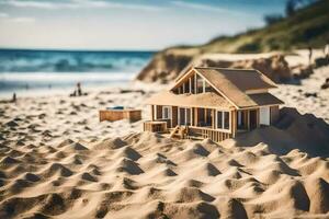 uma miniatura casa em a de praia com areia. gerado por IA foto