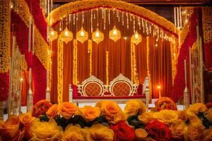 indiano Casamento decoração com vermelho e amarelo flores gerado por IA foto