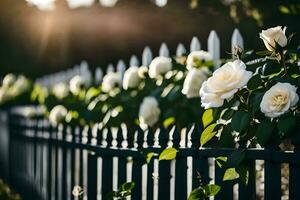branco rosas estão crescendo em uma cerca. gerado por IA foto