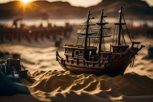 uma Lego pirata navio é em a areia. gerado por IA foto