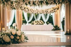 uma Casamento cerimônia com flores e velas. gerado por IA foto