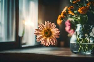 uma vaso com flores sentado em uma mesa perto uma janela. gerado por IA foto