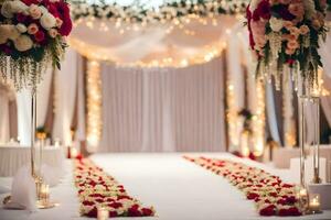 uma Casamento cerimônia com vermelho e branco flores gerado por IA foto