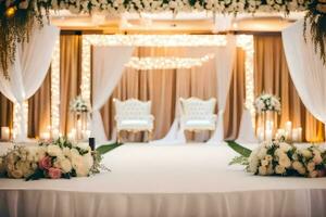 uma Casamento cerimônia configuração com branco e Rosa flores gerado por IA foto