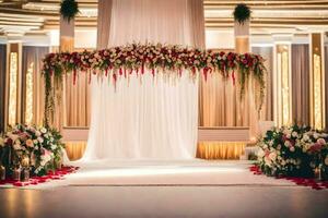 uma Casamento cerimônia com uma floral arco. gerado por IA foto