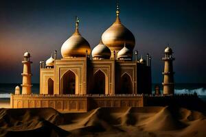 uma dourado mesquita é visto dentro a deserto. gerado por IA foto