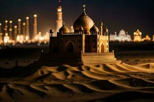 uma pequeno mesquita dentro a deserto às noite. gerado por IA foto