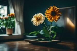 dois amarelo flores dentro uma vaso em uma de madeira mesa. gerado por IA foto