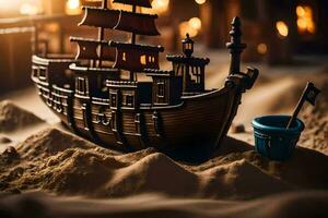 uma brinquedo pirata navio é em a areia. gerado por IA foto