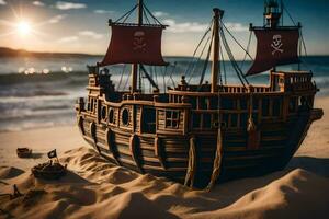 uma pirata navio em a de praia com areia. gerado por IA foto