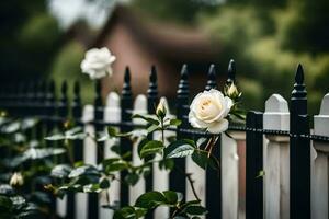 branco rosas em uma cerca. gerado por IA foto