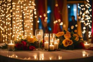 uma mesa com velas e flores dentro frente do uma corda do luzes. gerado por IA foto