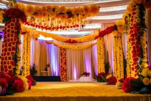 uma Casamento cerimônia com colorida flores e decorações. gerado por IA foto