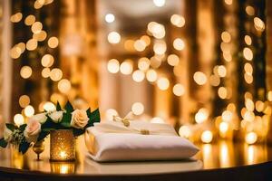 Casamento presente em mesa com velas e luzes. gerado por IA foto