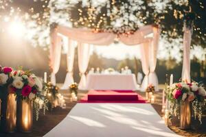 a ao ar livre Casamento cerimônia com uma branco corredor e Rosa flores gerado por IA foto